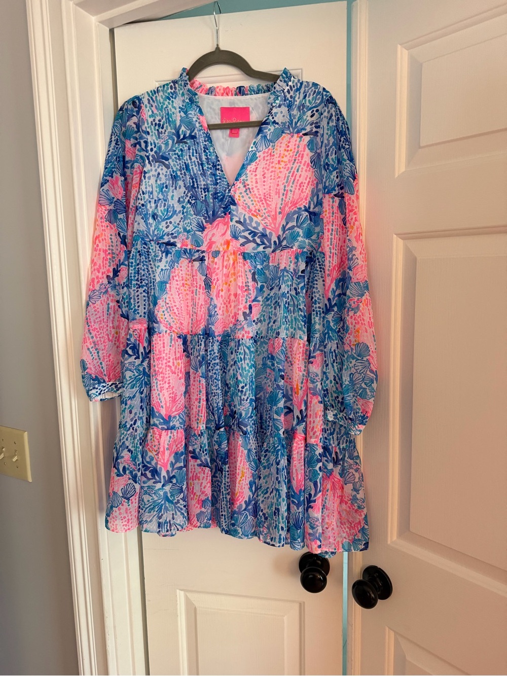 Lilly Pulitzer Pink & Blue Floral Tiered V-Neck Mini Dress